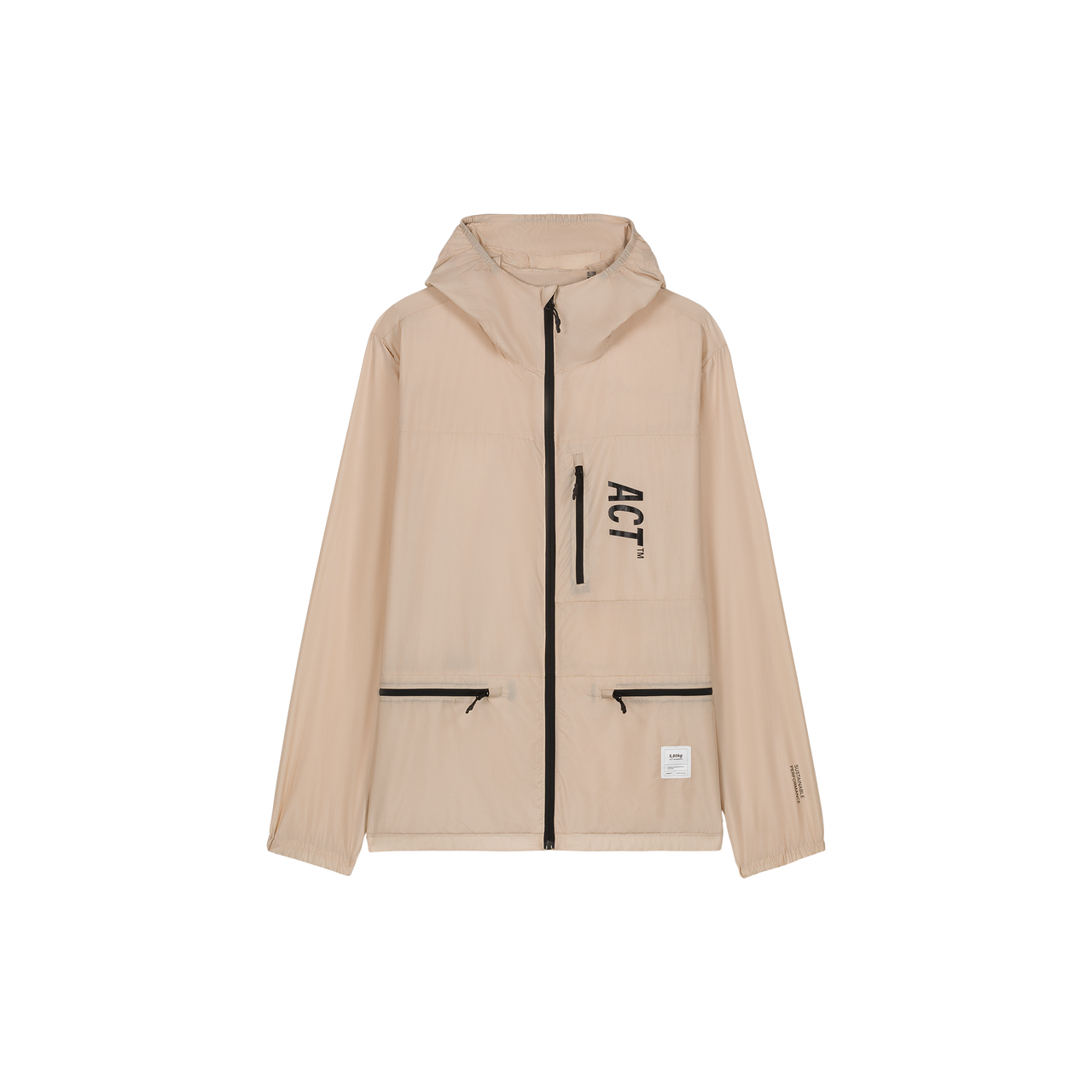 Beige BioRip Windbreaker, ultra-light, windproof, water-repellent, adjustable hood, eco-friendly nylon.